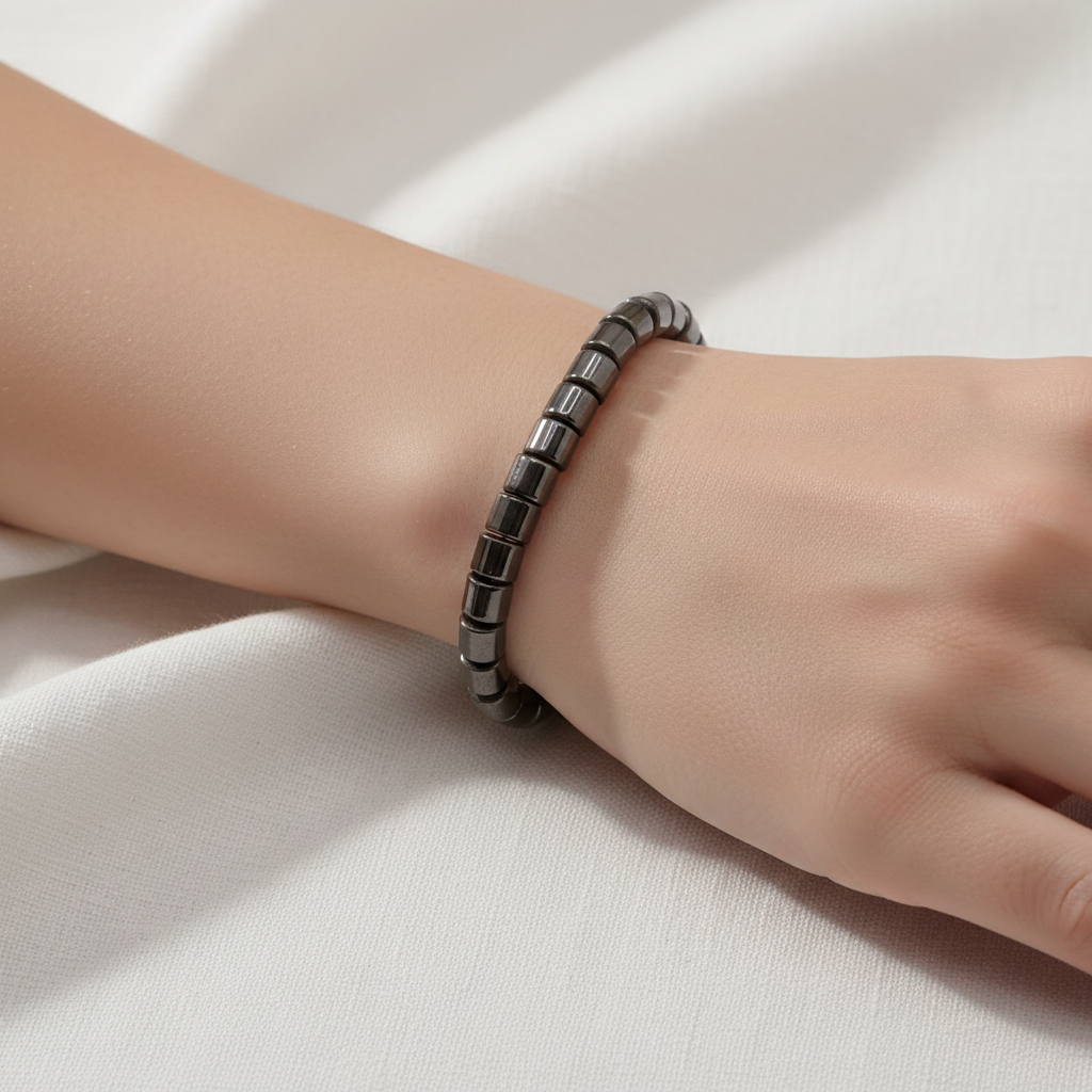 Hematite Cylinder Beaded Bracelet on wrist minimalist