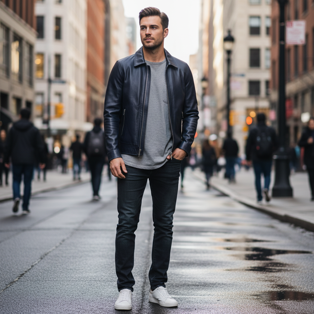 Unisex Navy Leather Jacket male street style