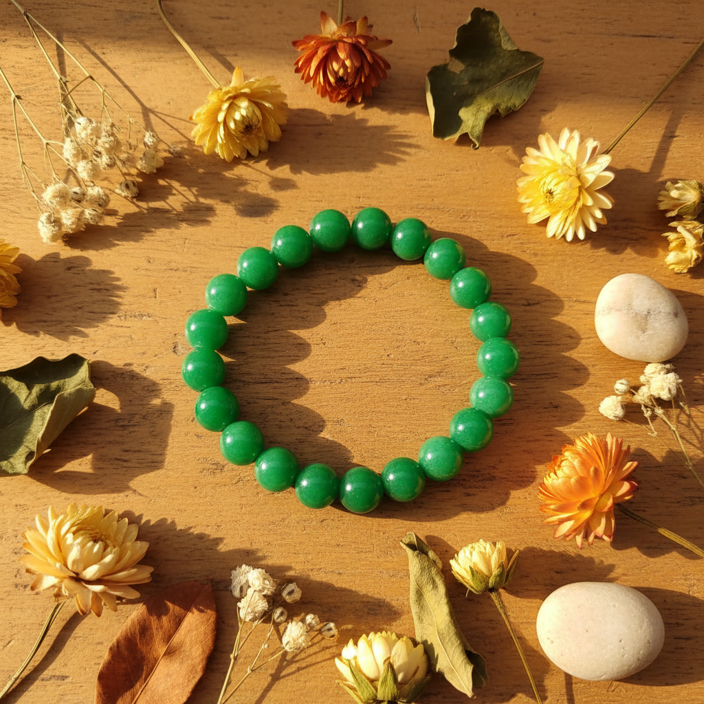 Green Jade Beaded Bracelet boho wood flowers