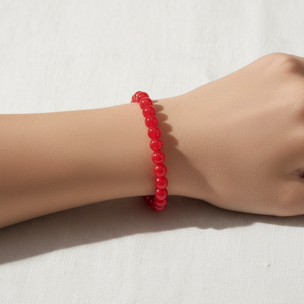 Ruby Red Beaded Bracelet on wrist minimalist