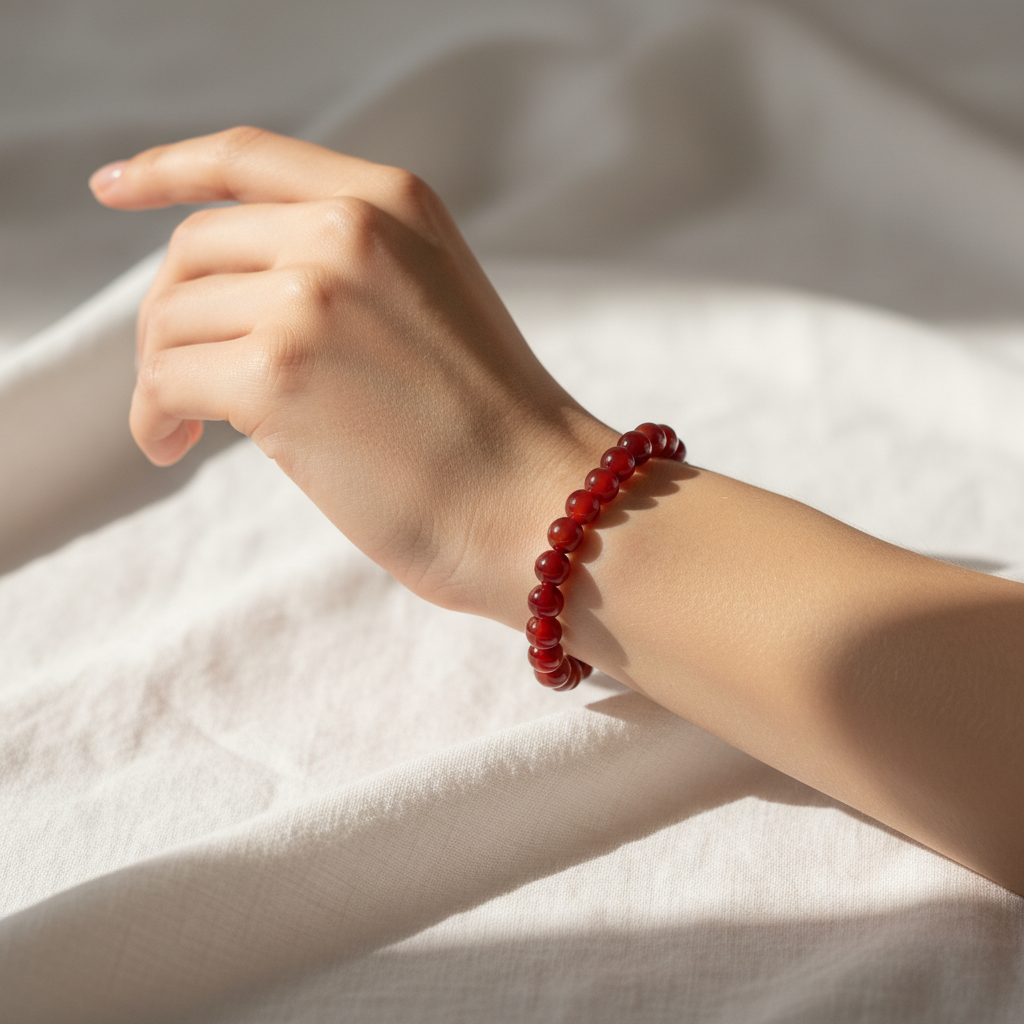 Red Carnelian Beaded Bracelet minimalist white studio