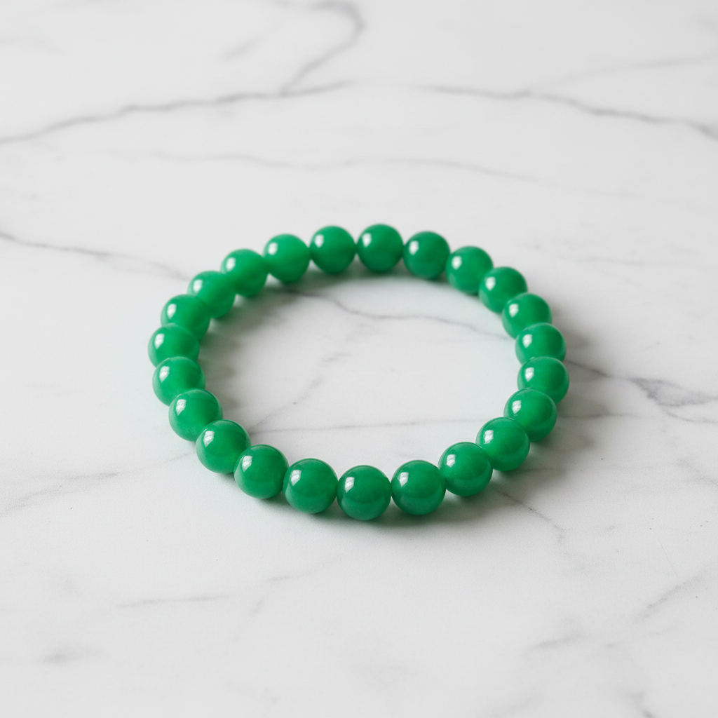 Green Jade Beaded Bracelet white marble flat lay