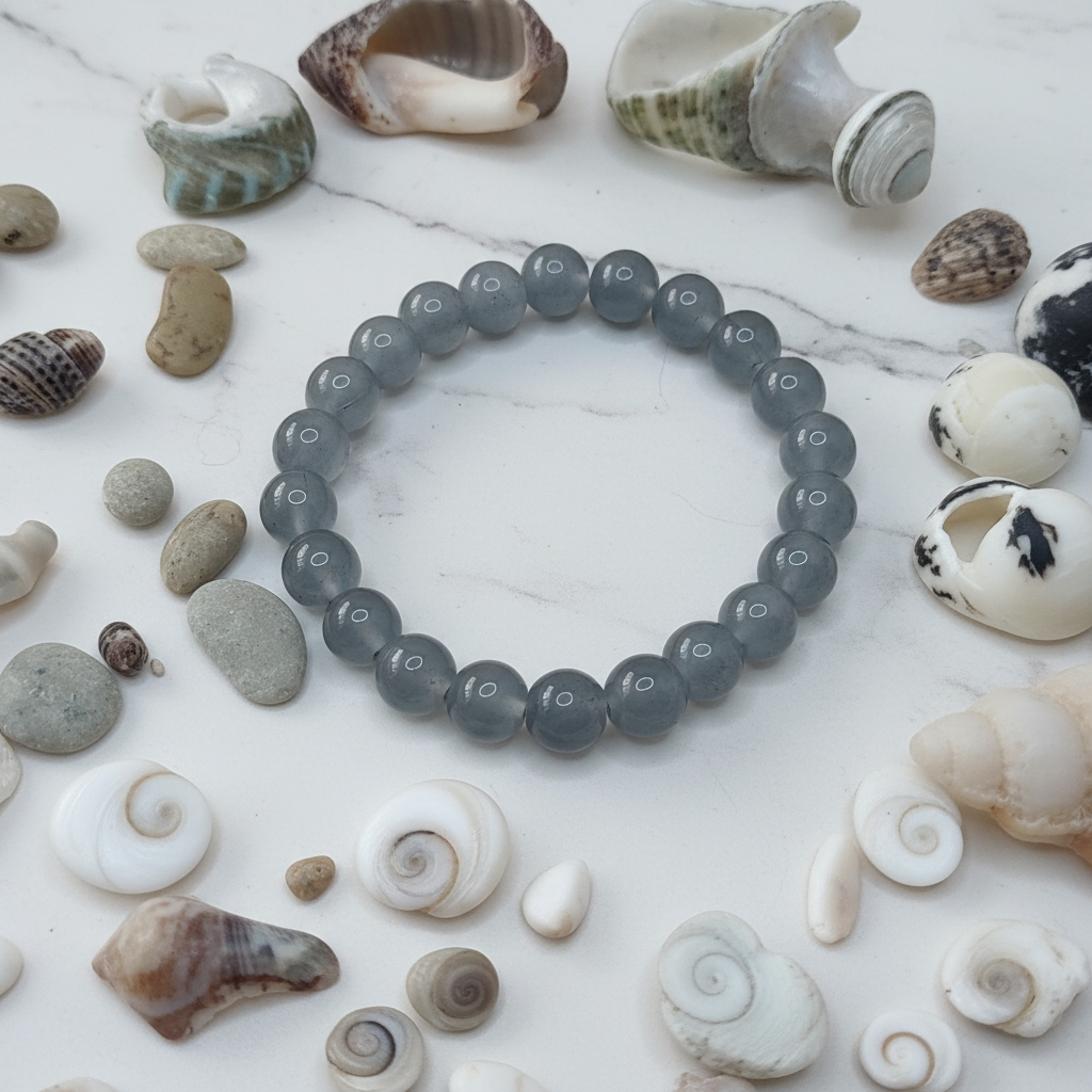 Grey Smoky Matte Beaded Bracelet white marble flat lay