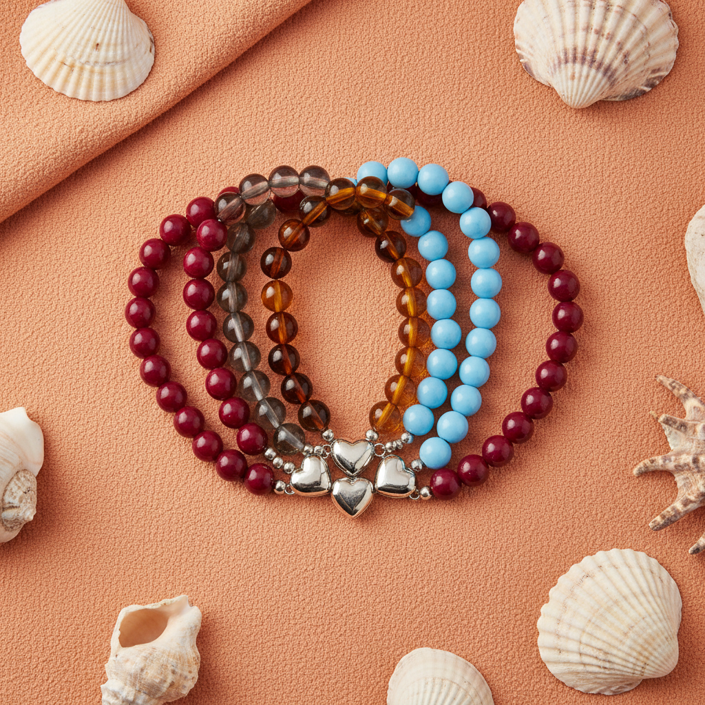 5 colorful beaded bracelets with heart clasp fan display