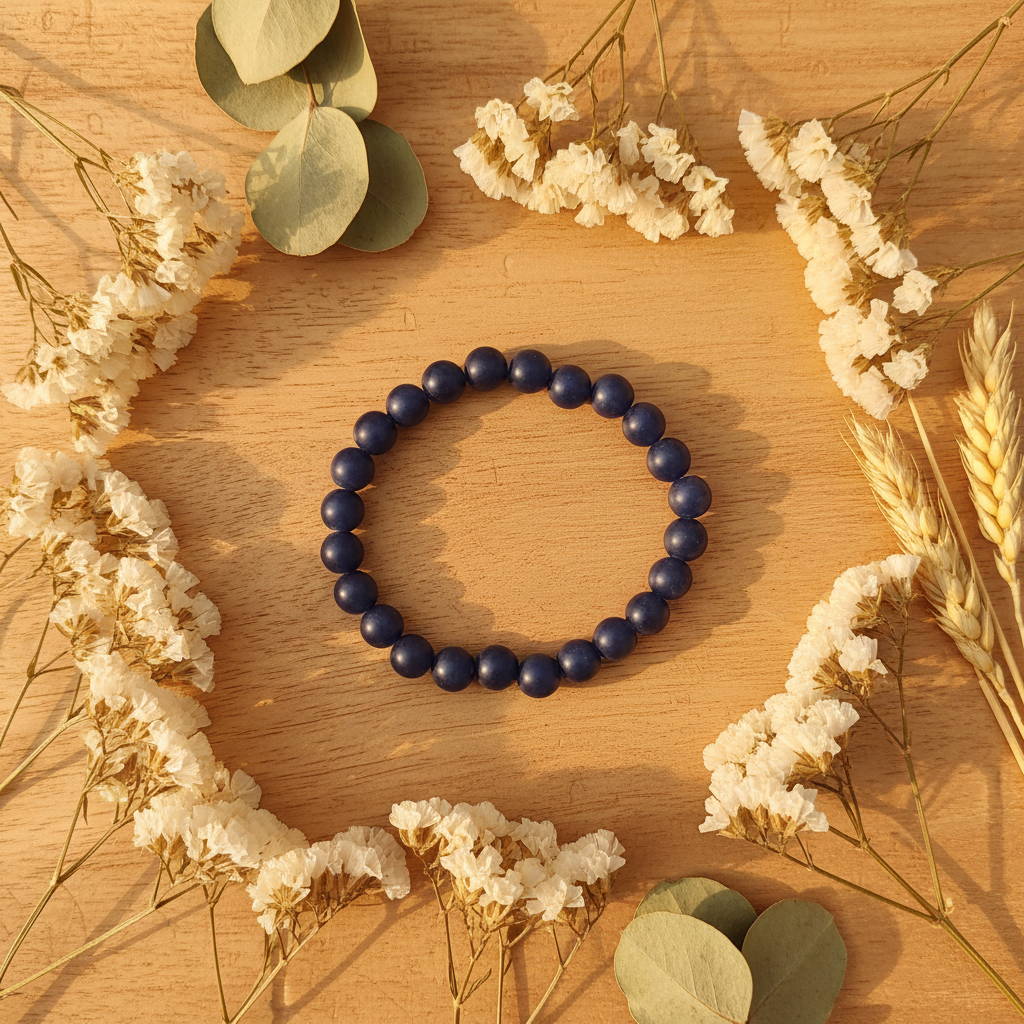 Navy Blue Matte Beaded Bracelet boho wood flowers