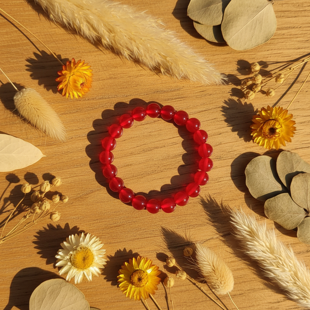 Ruby Red Beaded Bracelet boho wood flowers