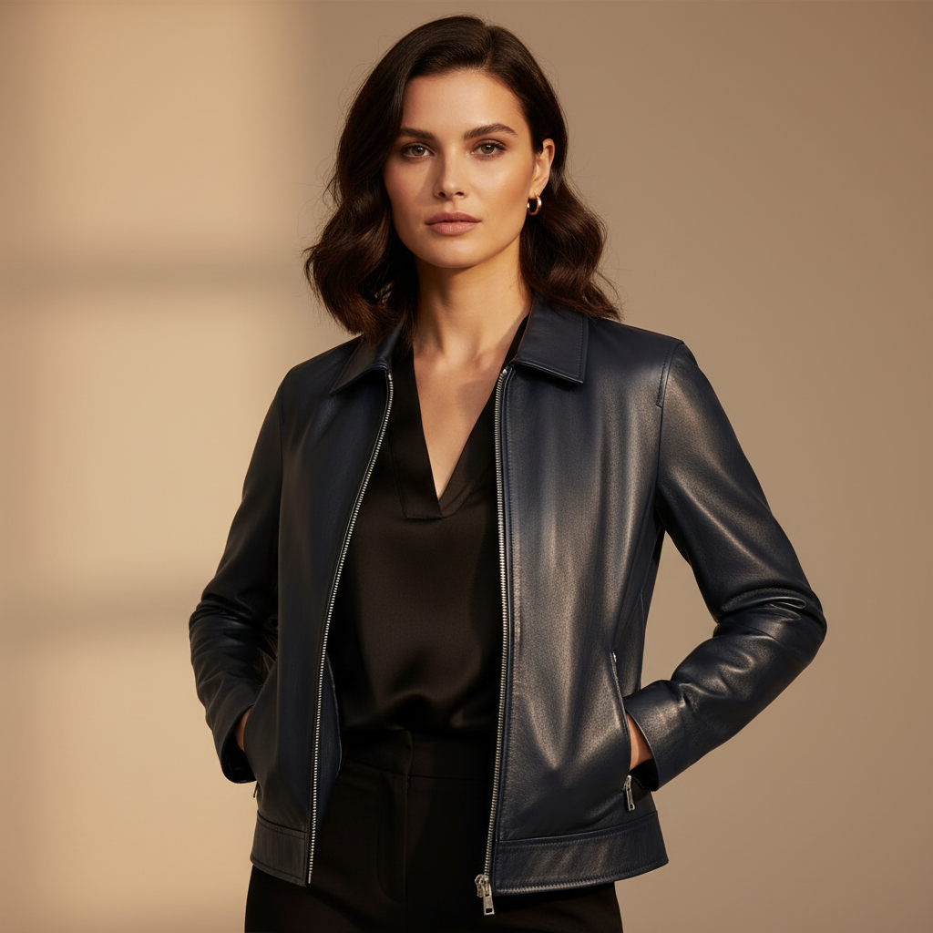 Unisex Navy Leather Jacket female studio shot