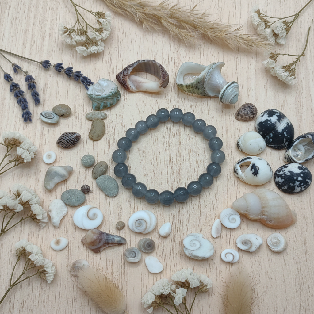 Grey Smoky Matte Beaded Bracelet boho wood flowers