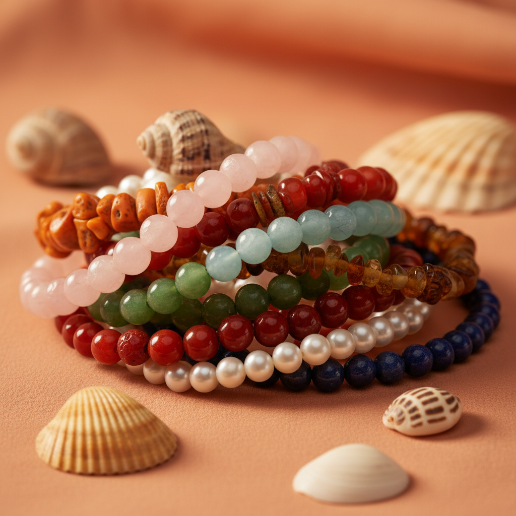 Colorful beaded bracelets pile close-up realistic