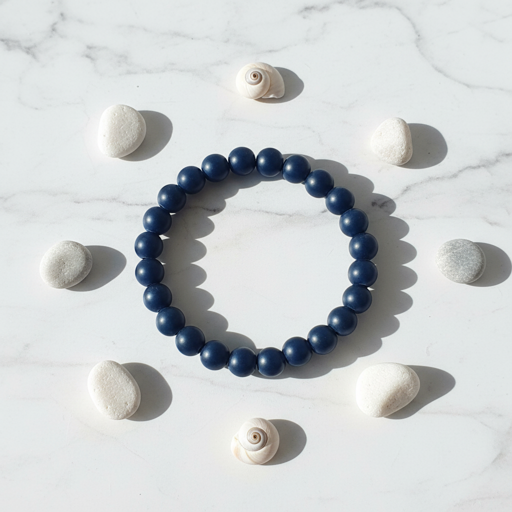 Navy Blue Matte Beaded Bracelet white marble flat lay