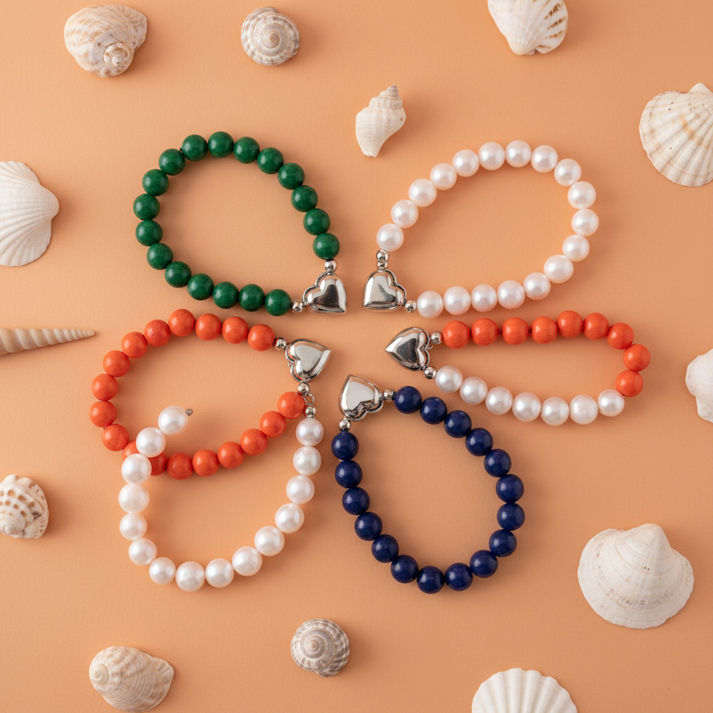 Colorful heart clasp beaded bracelets flat lay