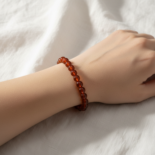 Amber Brown Beaded Bracelet on wrist minimalist