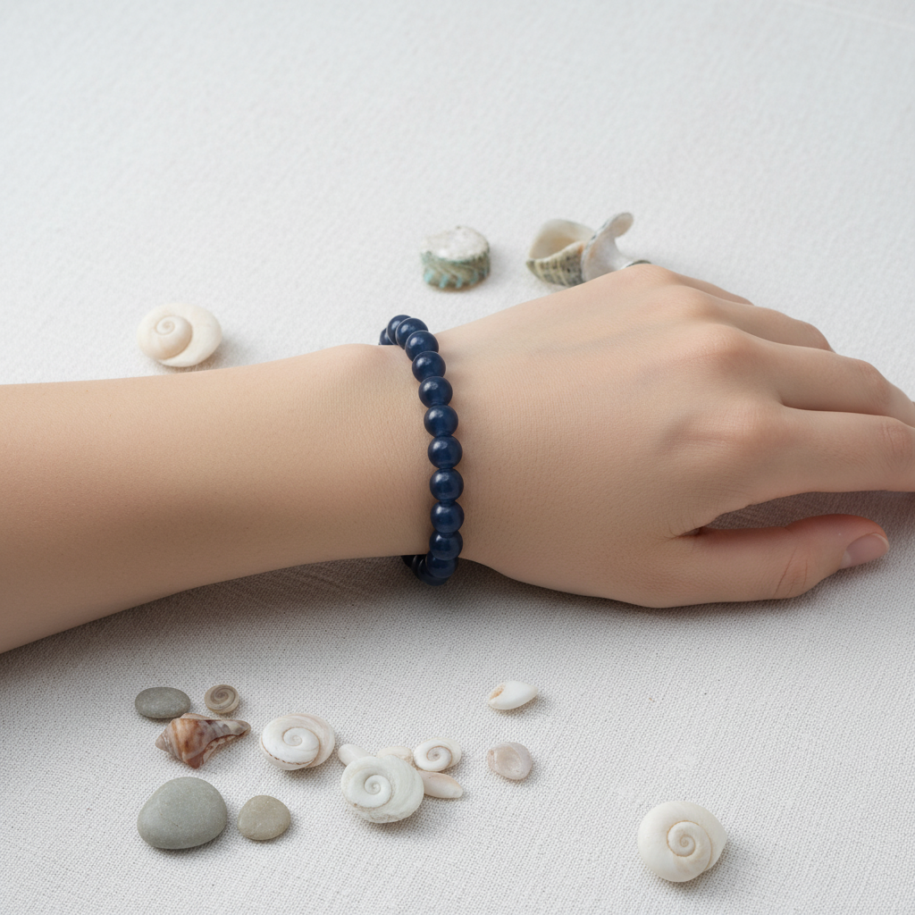 Navy Blue Matte Beaded Bracelet on wrist minimalist