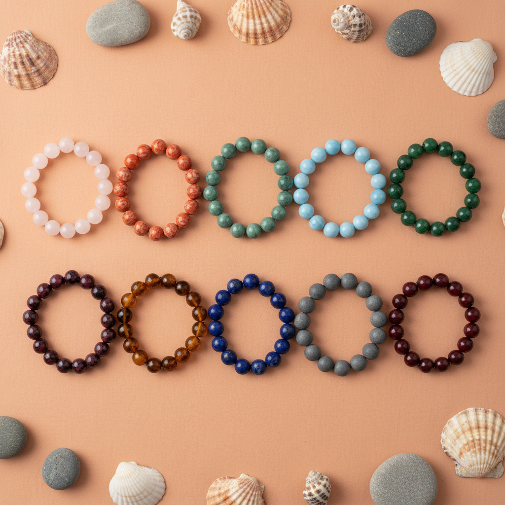 Colorful stretch beaded bracelets rows flat lay realistic