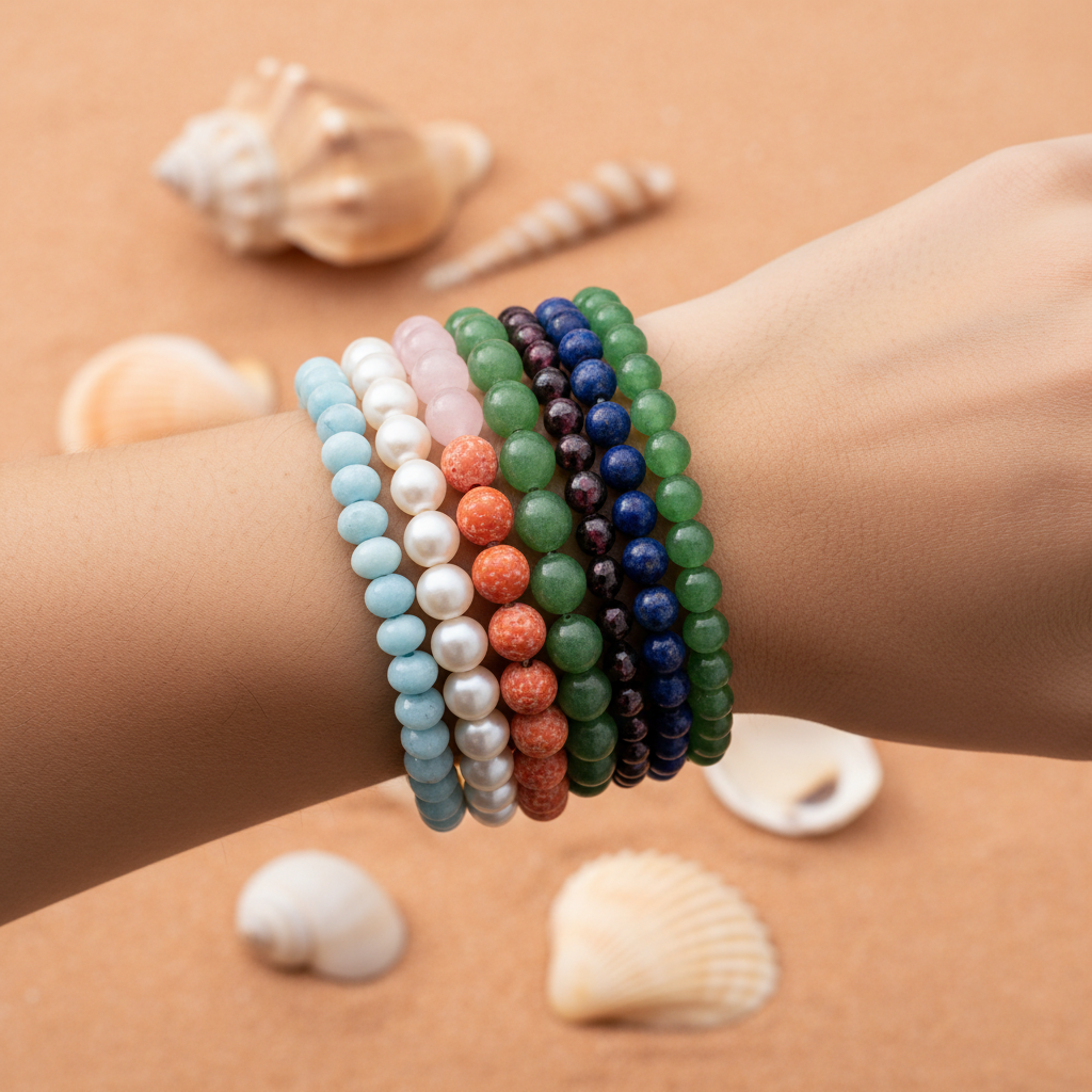 Colorful beaded bracelets stacked on wrist