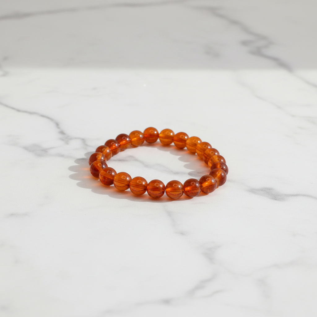 Amber Brown Beaded Bracelet white marble flat lay