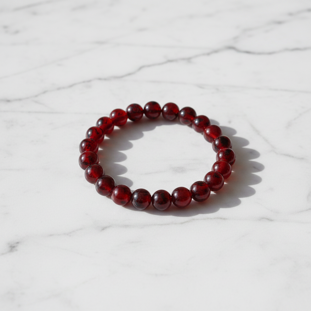 Dark Red Maroon Agate Beaded Bracelet marble flat lay