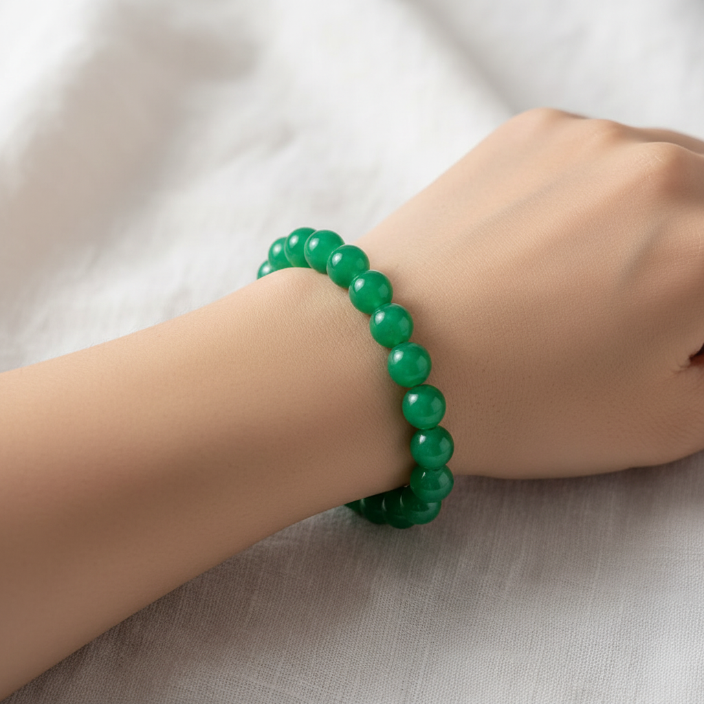 Green Jade Beaded Bracelet on wrist minimalist