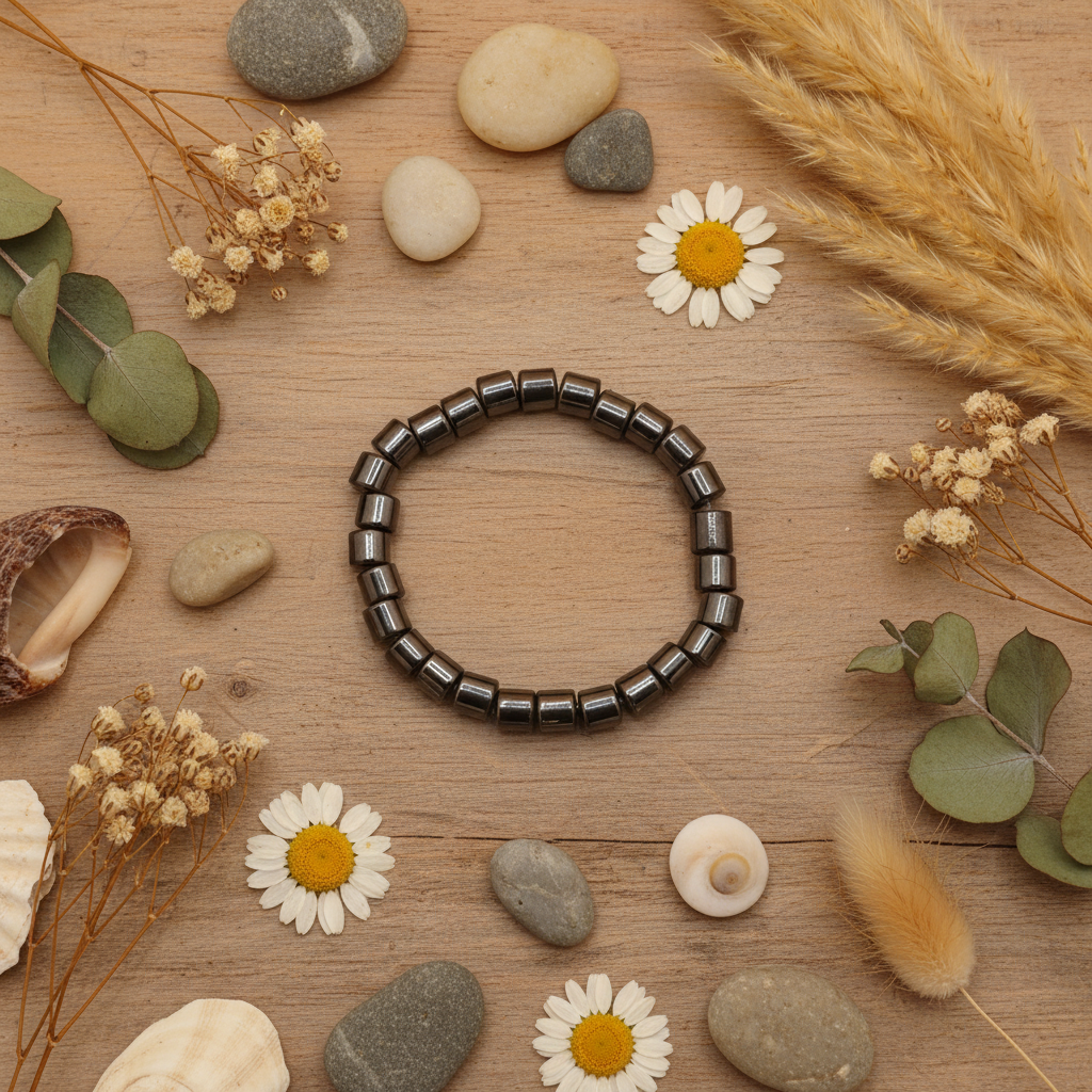 Hematite Cylinder Beaded Bracelet boho wood flowers