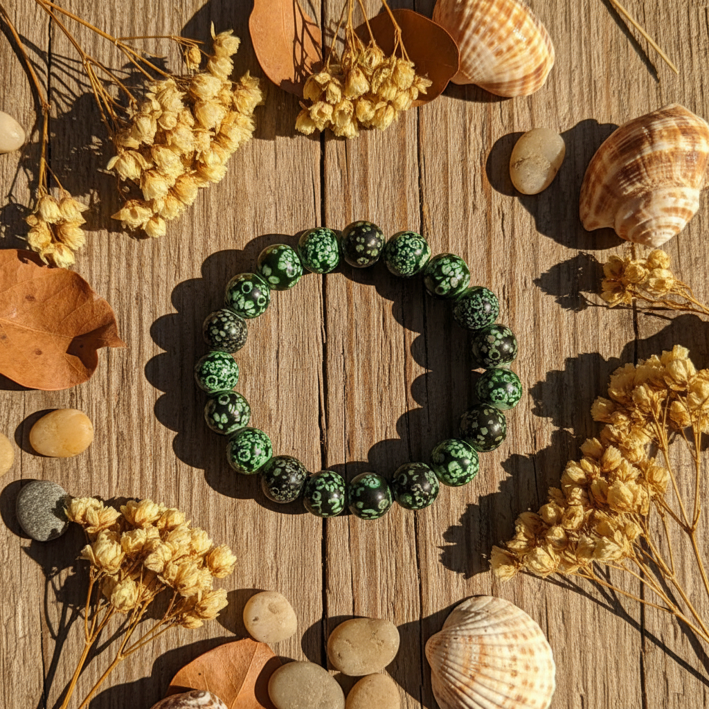 Black Green Floral Beaded Bracelet boho wood flowers