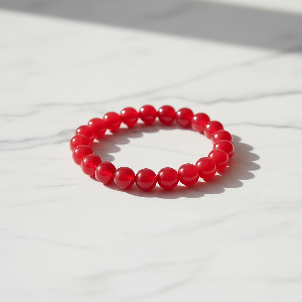 Ruby Red Beaded Bracelet white marble flat lay