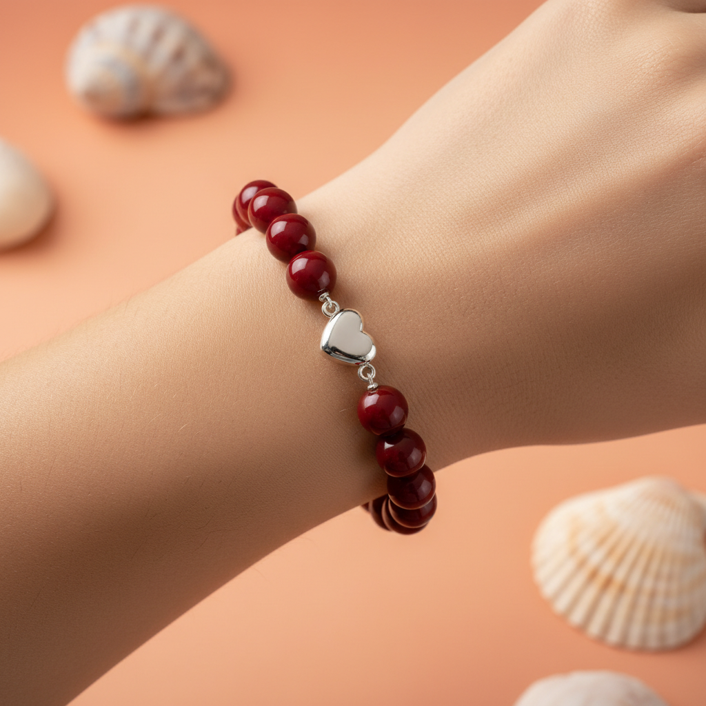 Beaded bracelet with heart clasp on wrist